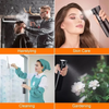 A collage showing hairstyling, skin care, cleaning, and gardening applications of a fine mist spray bottle.