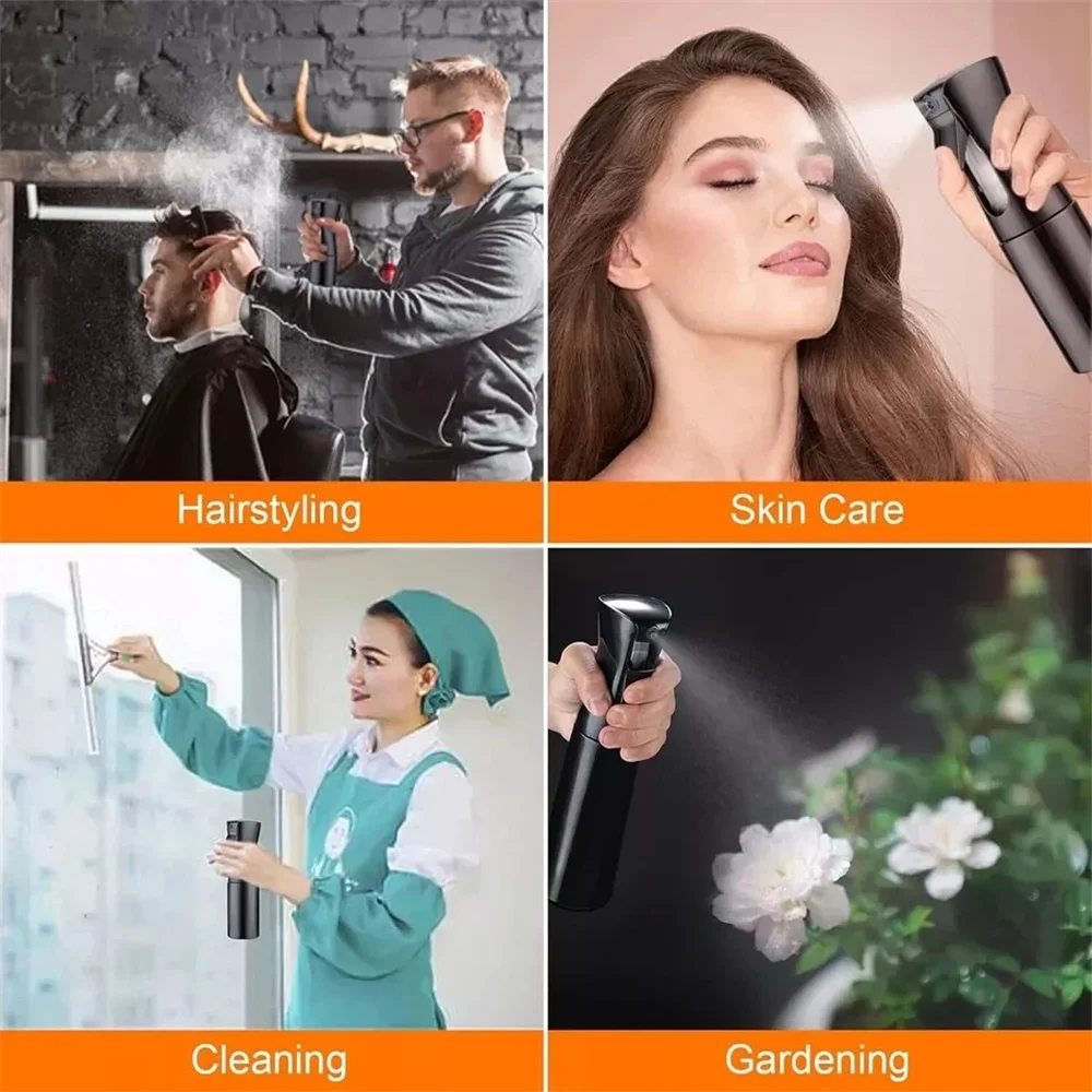 A collage showing hairstyling, skin care, cleaning, and gardening applications of a fine mist spray bottle.