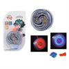 A clear aluminum yo-yo with internal blue and yellow LED lights shown in various forms.