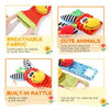 A set of breathable fabric baby rattle socks featuring cute animals and a built-in rattle for hand-eye coordination.
