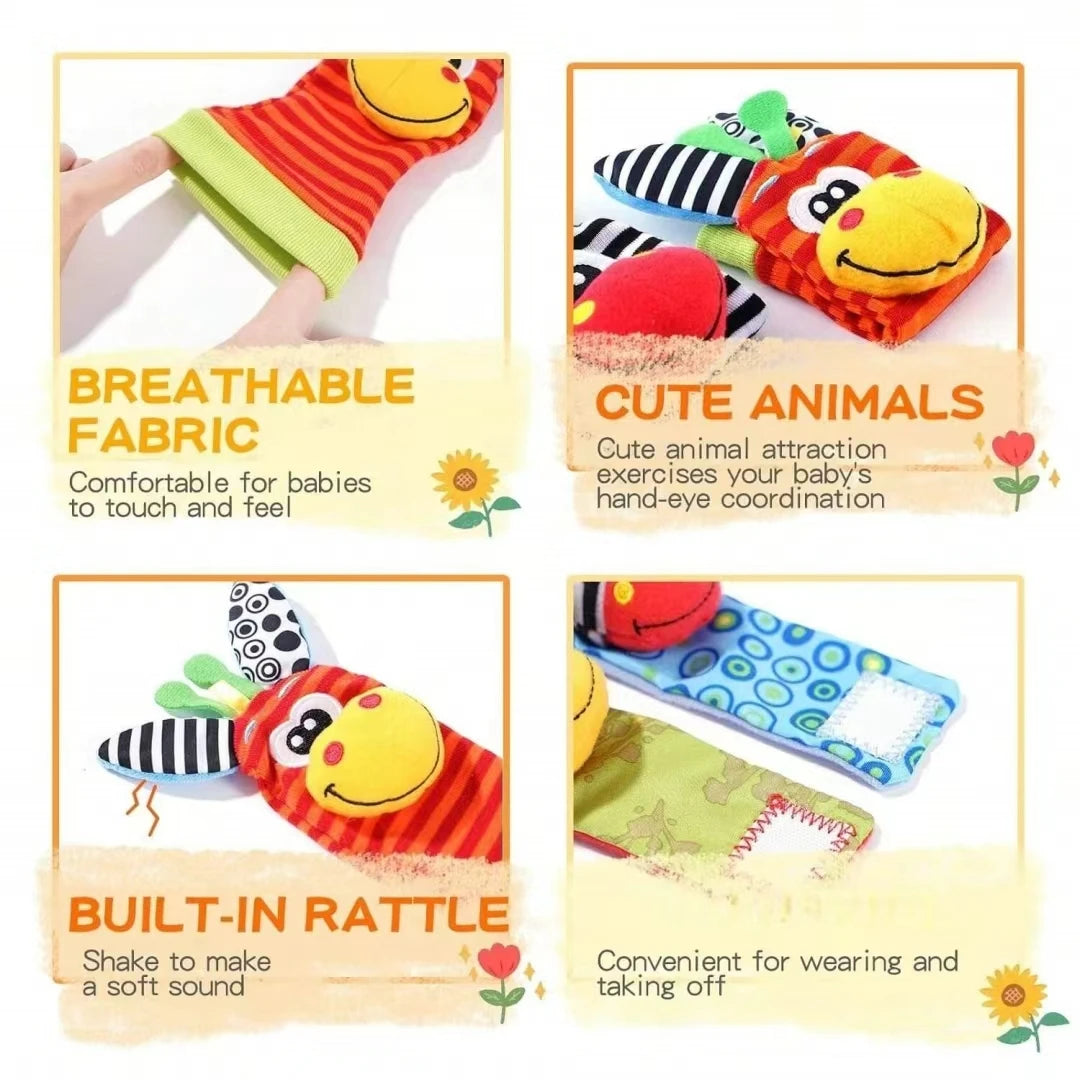 A set of breathable fabric baby rattle socks featuring cute animals and a built-in rattle for hand-eye coordination.