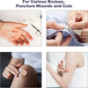 Various waterproof round adhesive bandages for minor cuts, wounds, and bruises shown on hands and skin.
