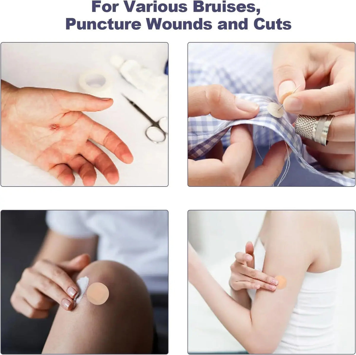 Various waterproof round adhesive bandages for minor cuts, wounds, and bruises shown on hands and skin.