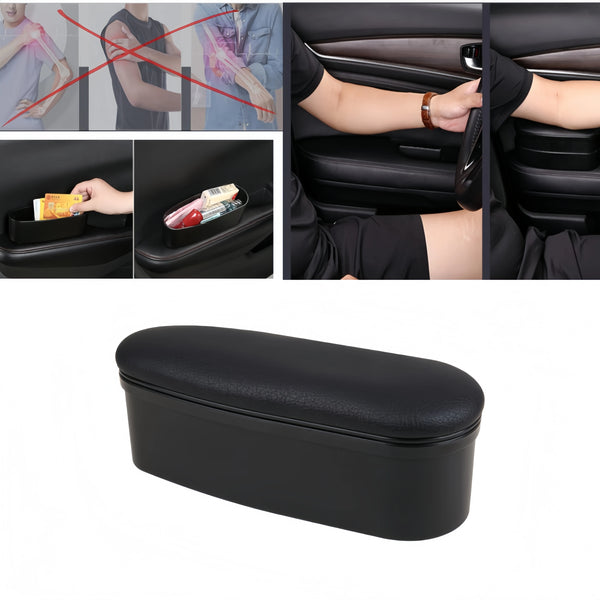 A black universal car armrest with storage is shown in various usage contexts.