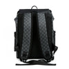 Black PU leather backpack with gray patterned fabric and black straps