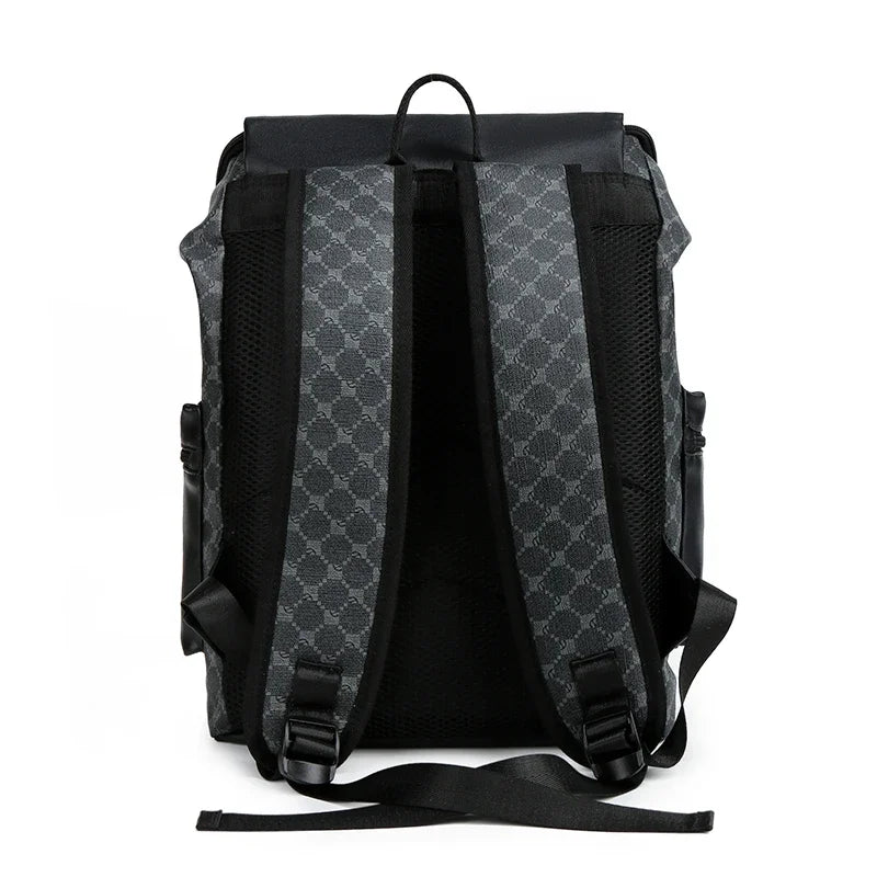 Black PU leather backpack with gray patterned fabric and black straps