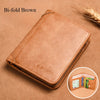A Bi-fold Brown leather card holder wallet shown on a brown surface.