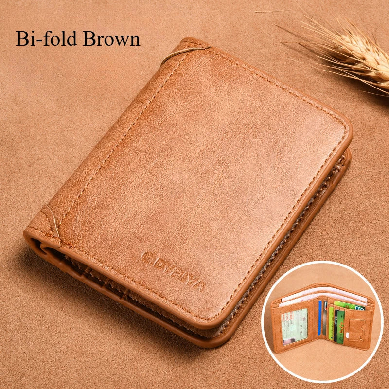 A Bi-fold Brown leather card holder wallet shown on a brown surface.