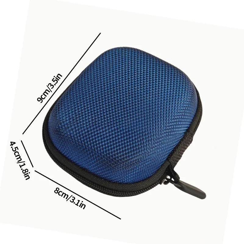 A blue, padded storage case for insulin or peptide vials, shown with dimensions.