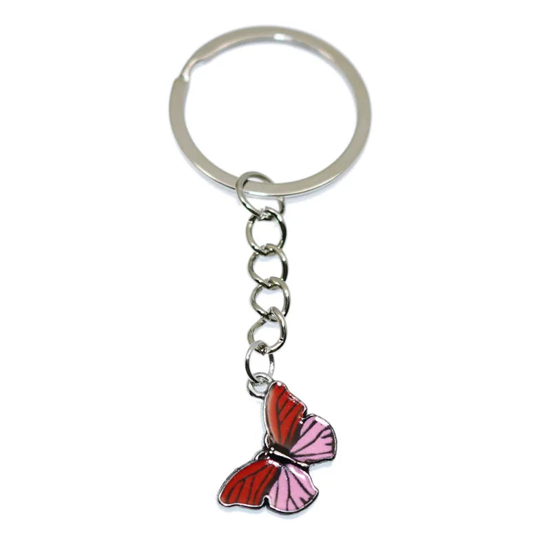 Silver hoop keychain charm with a pink and red butterfly pendant