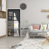 A magnetic screen door with self-sealing mesh is shown in a modern interior setting.