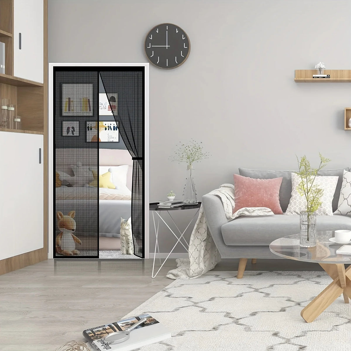A magnetic screen door with self-sealing mesh is shown in a modern interior setting.