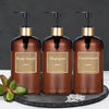 Three refillable gold pump soap dispenser bottles for body wash shampoo and conditioner