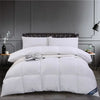 A luxury white goose and duck down comforter with a cotton cover displayed on a bed in a modern room.
