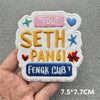 A set of embroidered iron-on patches featuring the name Seth Pangsi and the text Feng Cub on a white fabric background.
