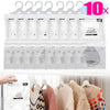 A display of ten clear hanging bags filled with moisture absorbent material for wardrobe and closet use.