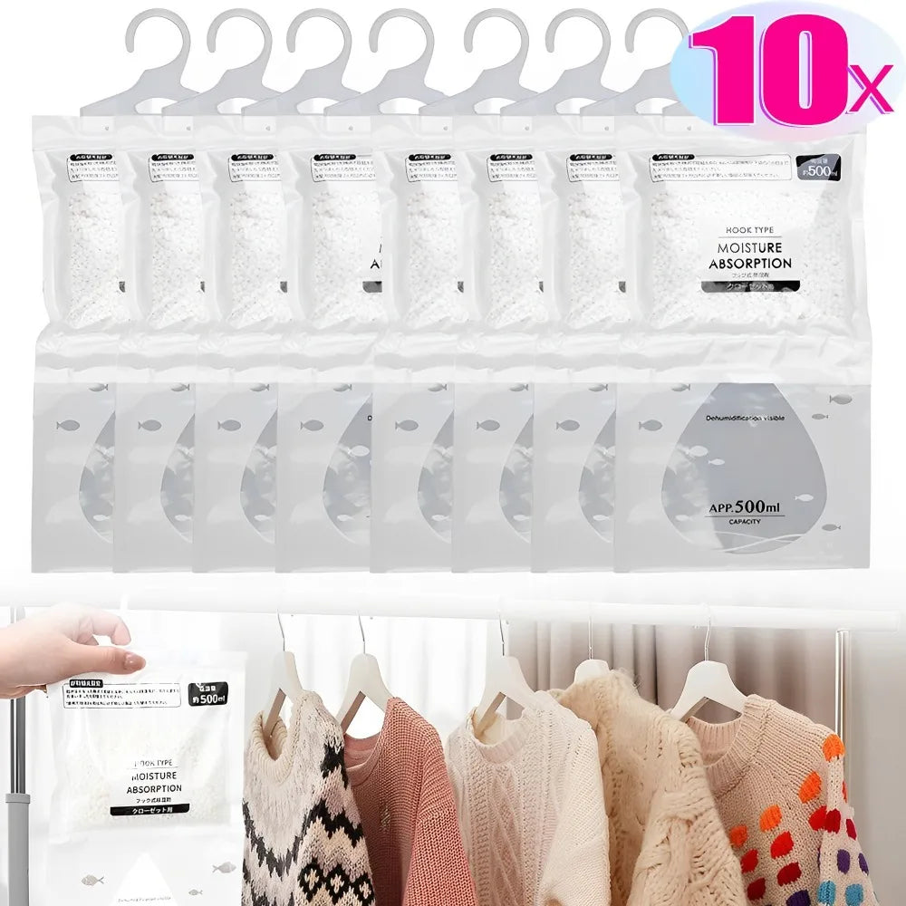 A display of ten clear hanging bags filled with moisture absorbent material for wardrobe and closet use.
