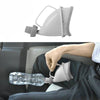 A portable reusable urinal funnel in light gray is shown being used to pour liquid from a plastic bottle into a urinal.
