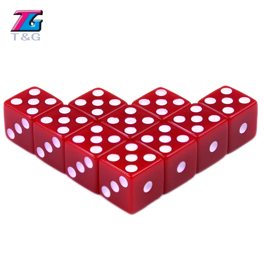 A set of ten red plastic game dice with white dots arranged in a honeycomb pattern.