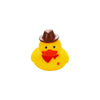 A bright yellow rubber duck bath toy with an orange beak and brown hat.