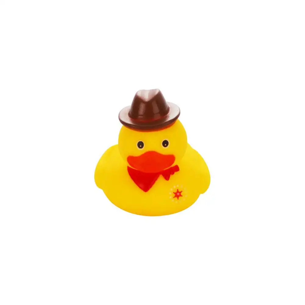 A bright yellow rubber duck bath toy with an orange beak and brown hat.