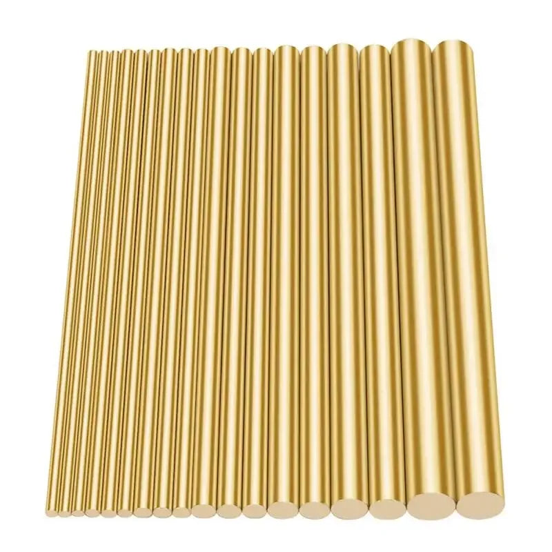 A row of polished brass bar rods used for wire and tube making.