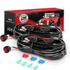 A black LED light bar wiring harness kit with an on/off switch and relay is shown next to its packaging box.