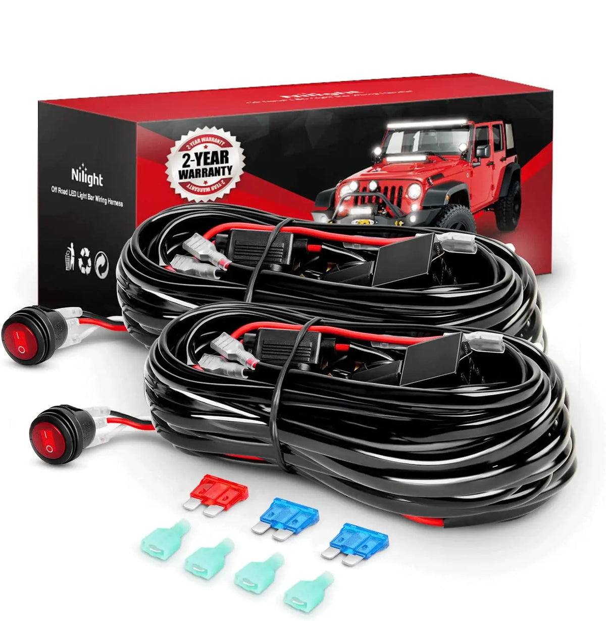 A black LED light bar wiring harness kit with an on/off switch and relay is shown next to its packaging box.