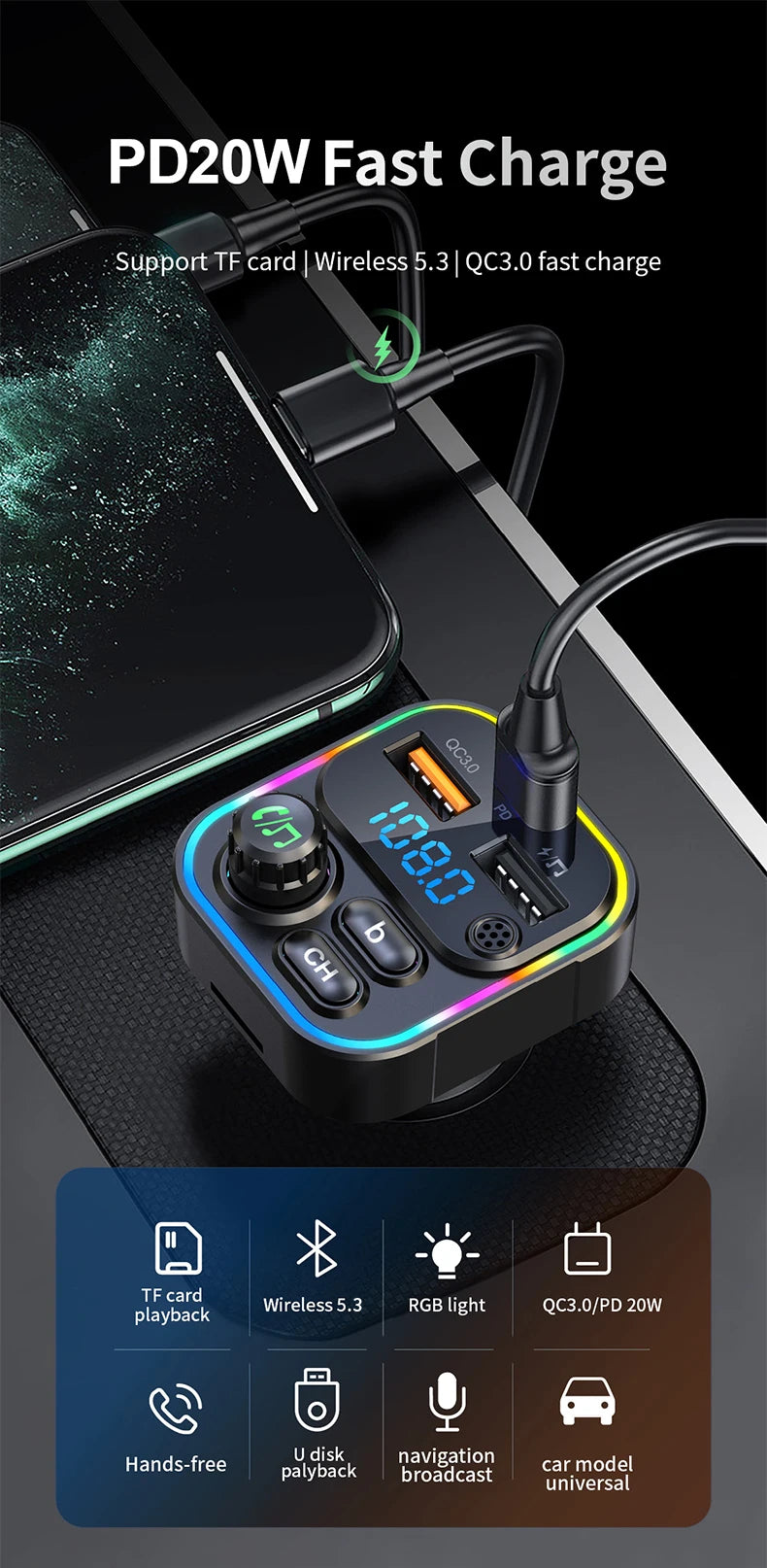 A portable PD20W fast charging adapter with a USB-C connector and various features for device charging.