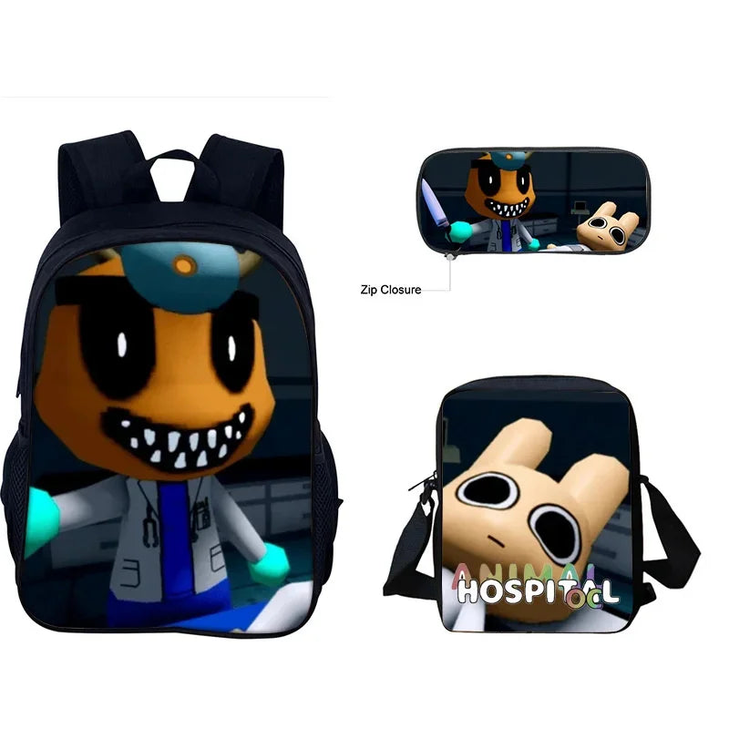 A black backpack featuring a character design, shown with an inset of a matching crossbody bag and pencil case.
