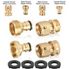 A collection of brass and black quick-connect fittings for garden hoses, including thread connectors and nipple fittings.