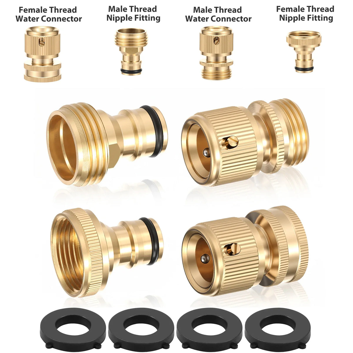 A collection of brass and black quick-connect fittings for garden hoses, including thread connectors and nipple fittings.