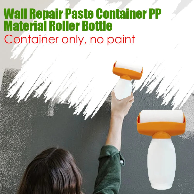 A hand is using a wall repair paste container roller bottle to apply material to a wall surface.