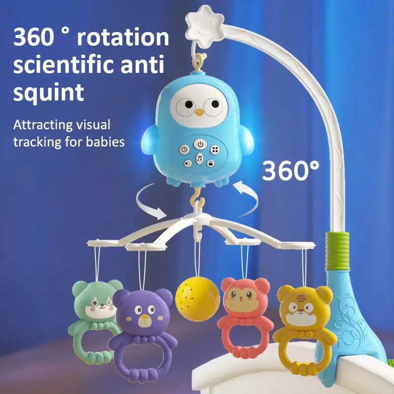 A blue owl scientific anti squint mobile with various animal toys hanging from a white frame.