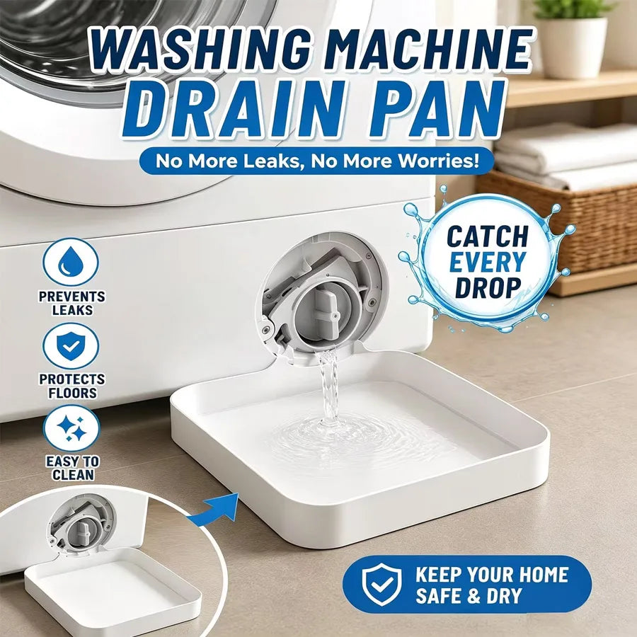 A white washing machine drain pan is shown with a funnel, designed to catch drips and protect floors.