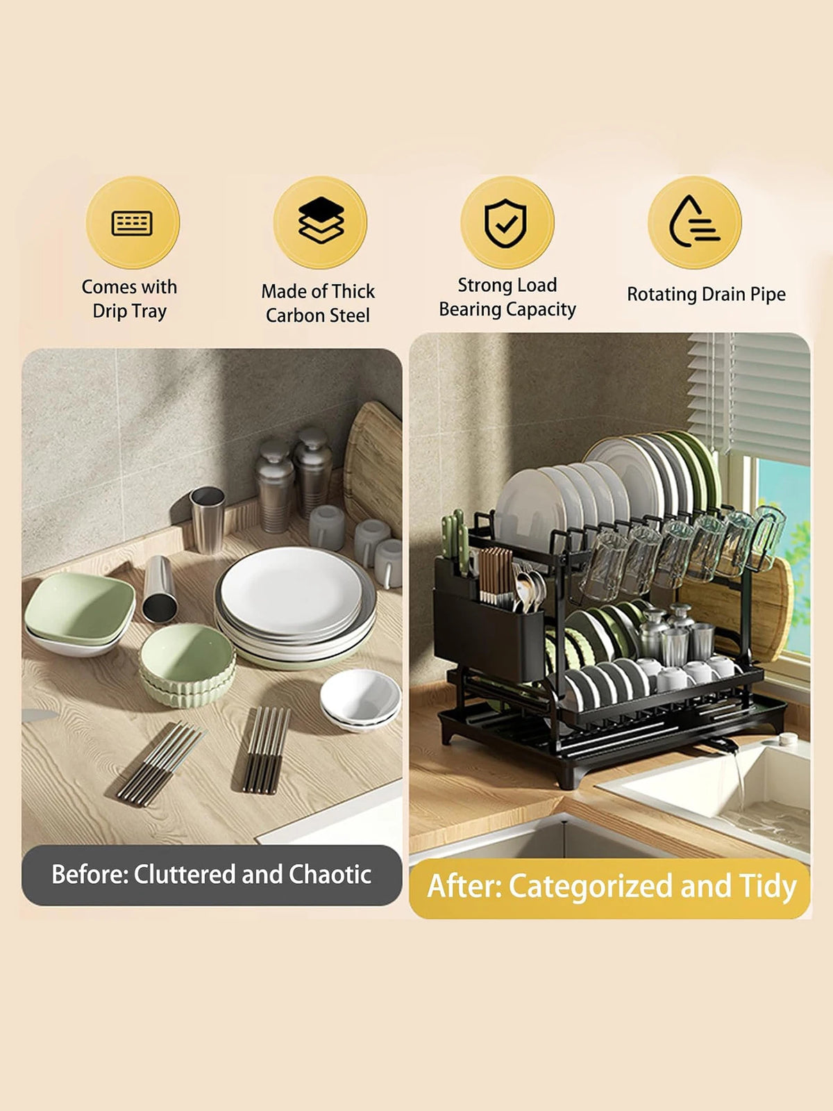 A black 2-tier kitchen countertop drying rack with a drip tray, showing organized dishes and utensils.