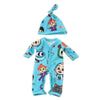 Adorable jumpsuit outfit for baby dolls featuring a blue and purple themed costume with character prints.