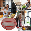 A red metal fruit basket with a mesh cover is shown in various contexts, including preparation and use.