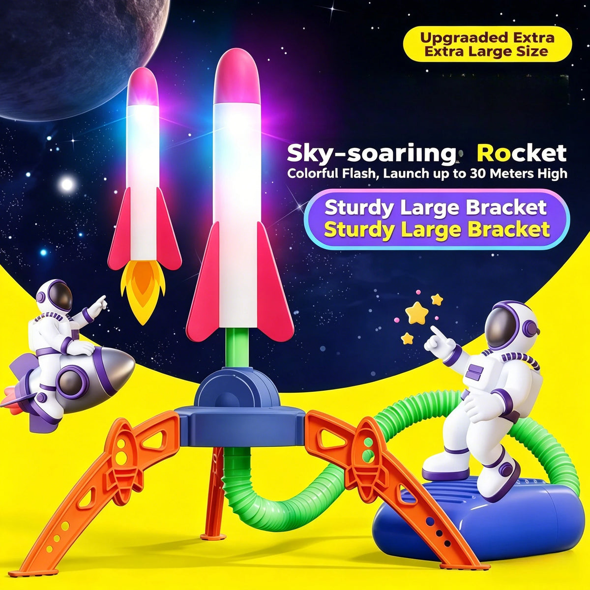 A colorful sky-soaring rocket launcher set with a large bracket and a space astronaut figure.