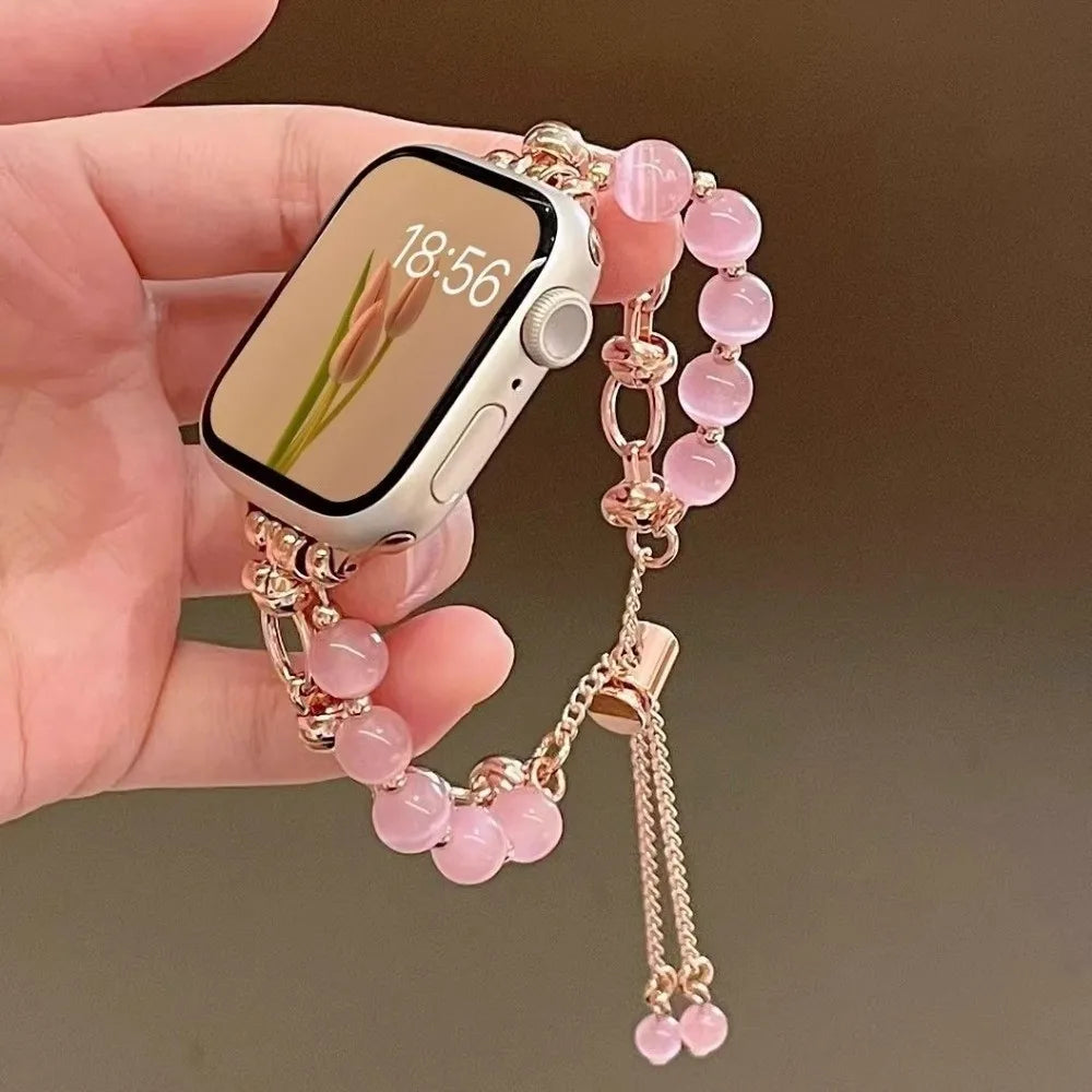 Crystal Bead Watch Strap with Adjustable Metal Link Design
