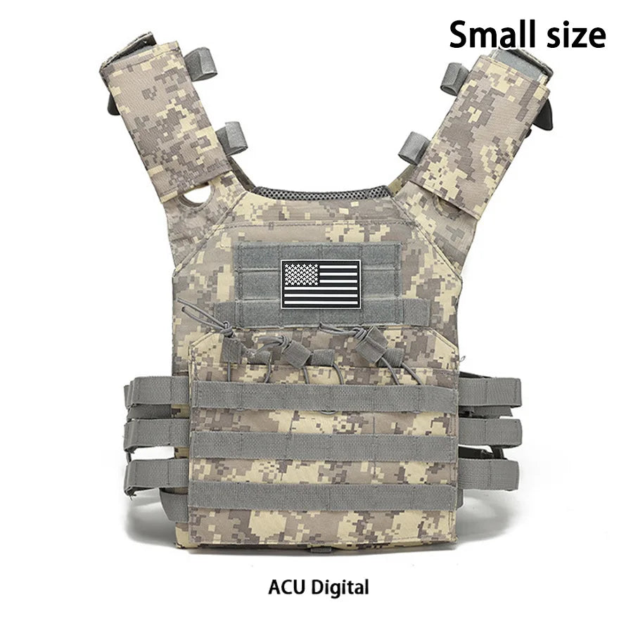 A camouflage training vest with a flag emblem and MOLLE webbing.