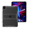 A clear protective case for an iPad displaying a vibrant blue and purple screen.