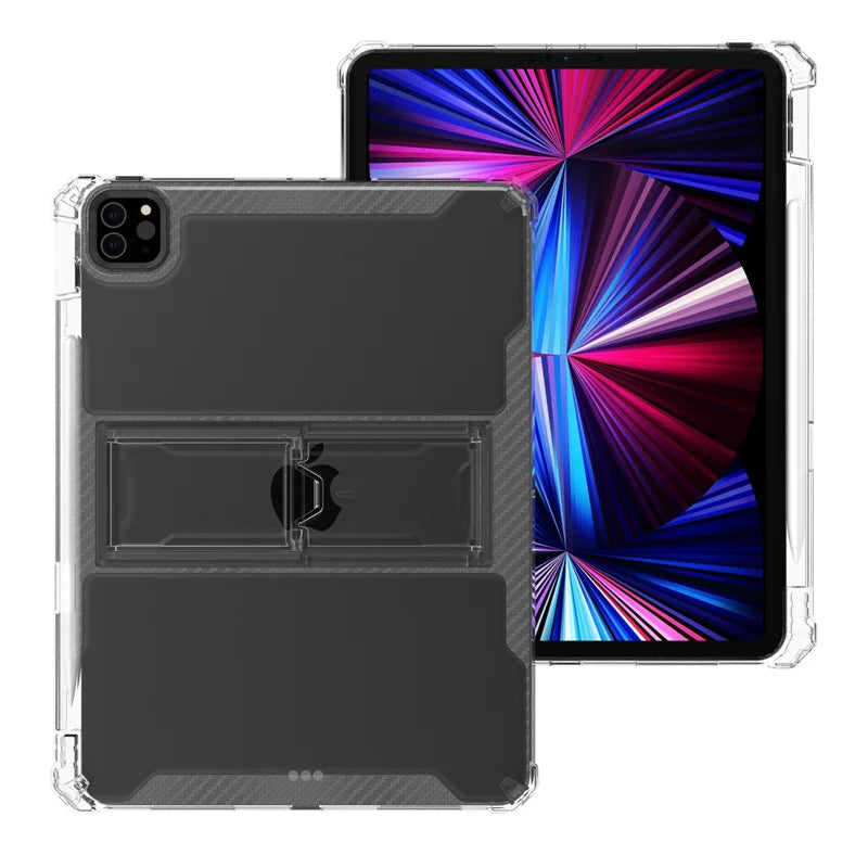 A clear protective case for an iPad displaying a vibrant blue and purple screen.