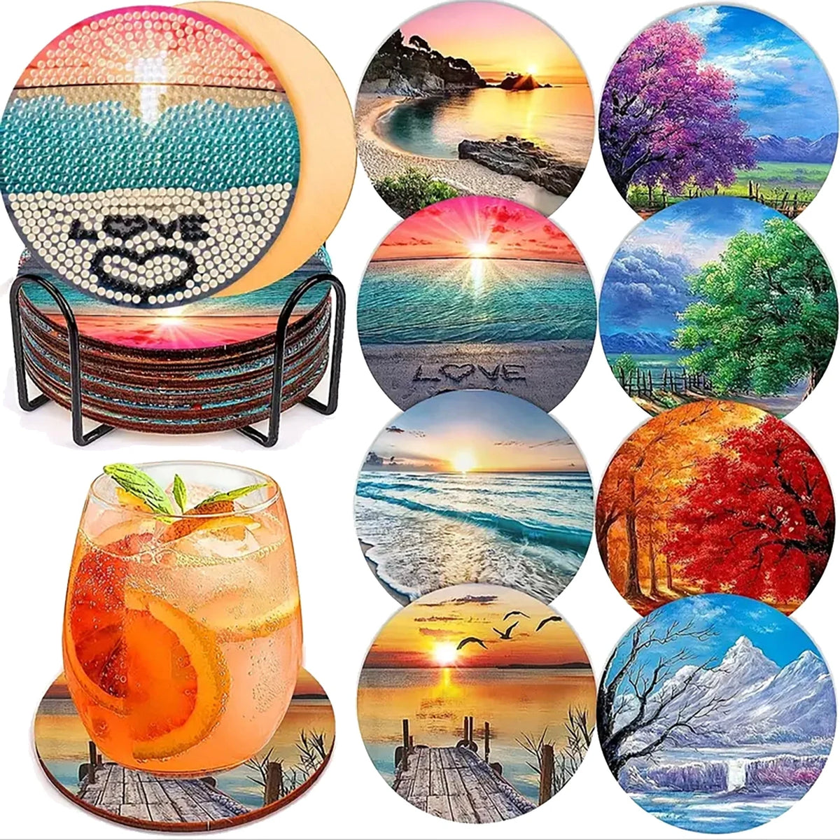 A set of sparkling diamond painting coasters and a holder featuring various scenic and nature-themed designs.