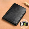 A black slim PU leather card holder wallet for men resting on a brown surface.