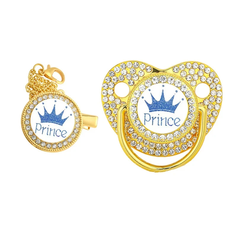 Gold crystal rhinestone pacifier chain clip set with silicone nipple