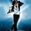 A person is performing a dynamic dance move with sparkling light effects against a blue background.
