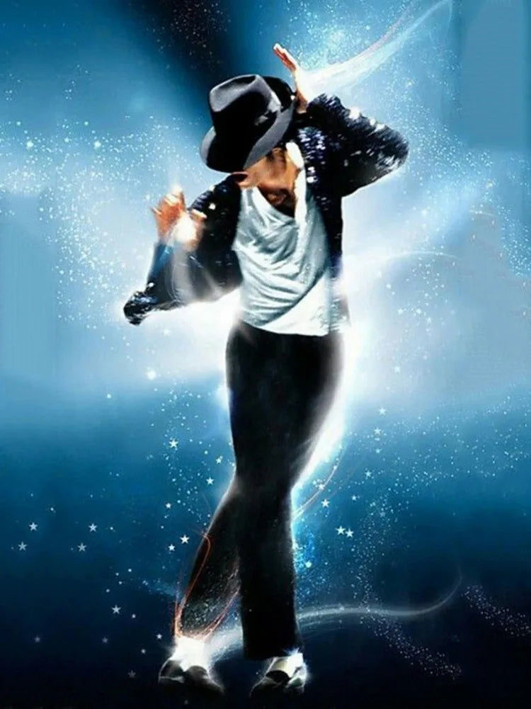 A person is performing a dynamic dance move with sparkling light effects against a blue background.