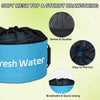 A blue mesh storage bag labeled Fresh Water with diagrams showing its dense, durable, easy to pull out, and breathable featur