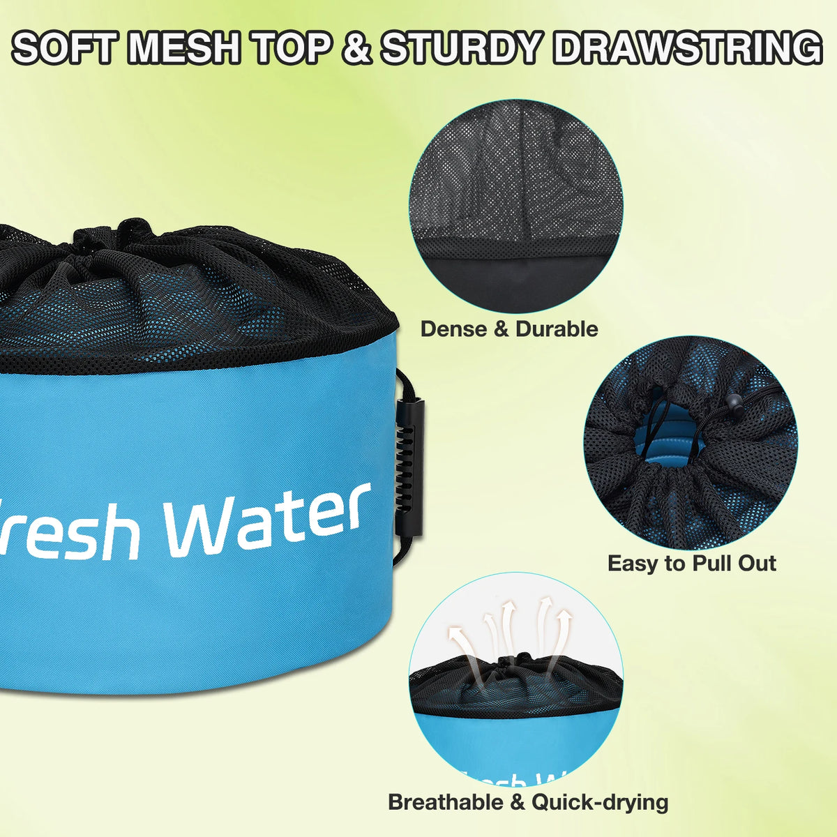 A blue mesh storage bag labeled Fresh Water with diagrams showing its dense, durable, easy to pull out, and breathable featur